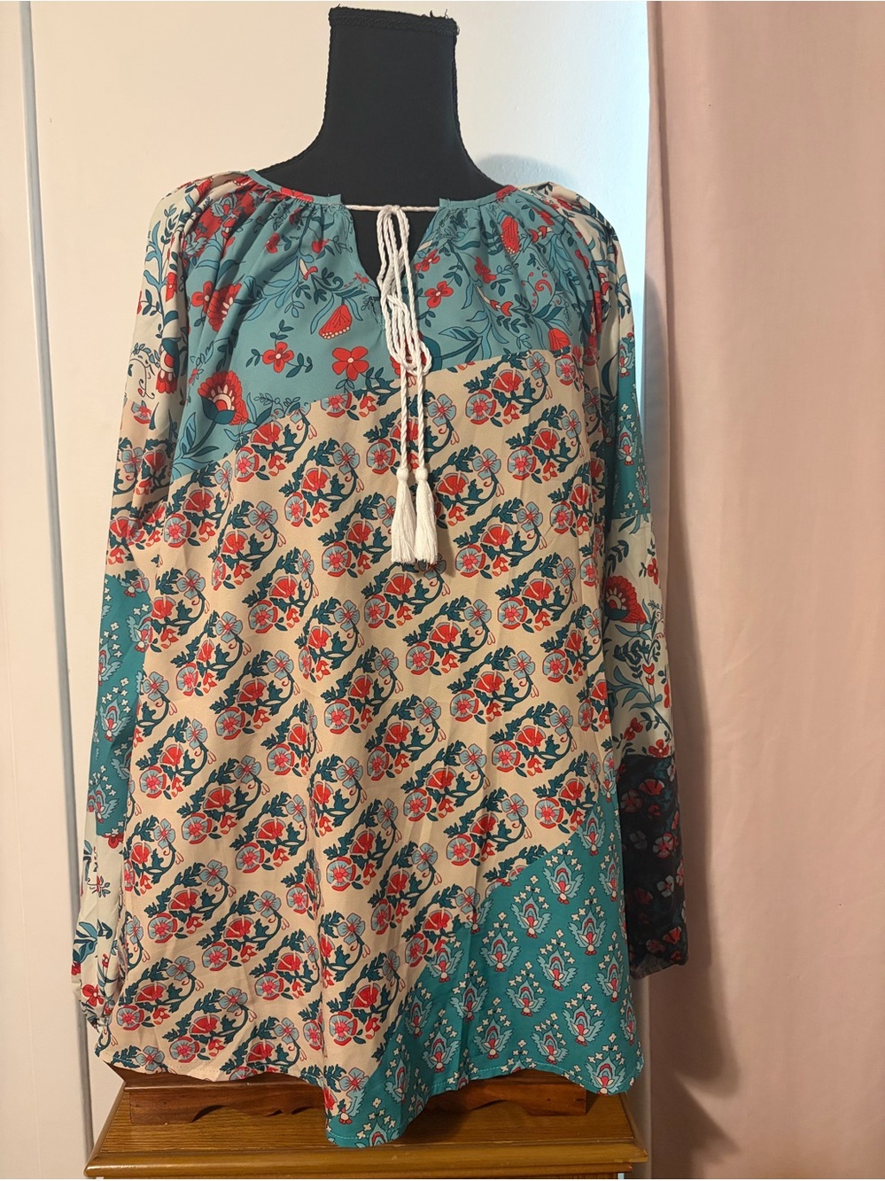 Boho Floral Peasant Dress in Teal and Cream